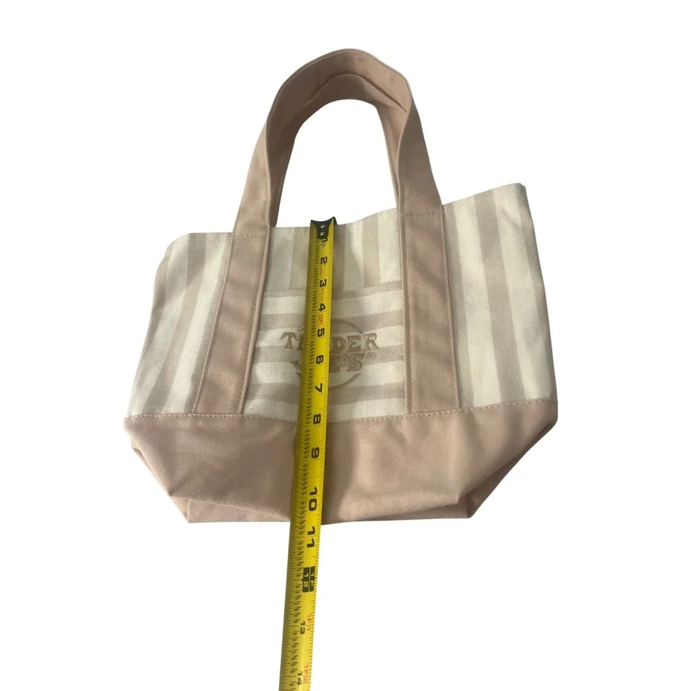 Trader Joe's Mini Canvas Tote Bag Tan Cream Striped Embroidered Logo Small Bag